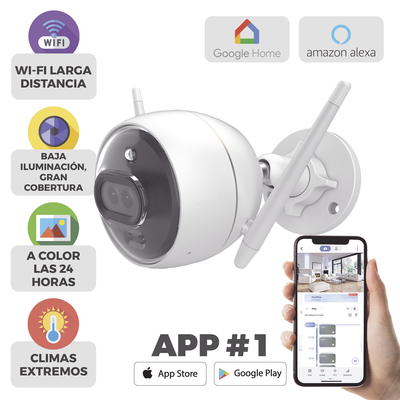 Cámara Bala IP / 2 Megapixel / Doble Lente 2.8 mm / 105° / Visión Nocturna a Color / IR 30 m (98.4 ft) / Wi-Fi 2.4 GHz / IP67 / Audio Bidireccional / Sirena y Luz Estroboscópica