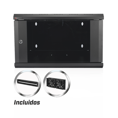 Gabinete de Pared 19 in / 6U / Profundidad 455 mm (17.9 in) / Cristal Templado / Carga 60 kg / 2 Ventiladores / Panel Cepillo