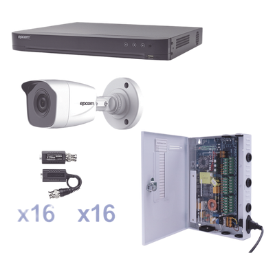 Kit TurboHD / DVR 16 Canales Pentahíbrido / 16 Cámaras Bala 1080p / IR 20 m (65.6 ft) / Fuente de Poder Profesional / Transceptores UTP