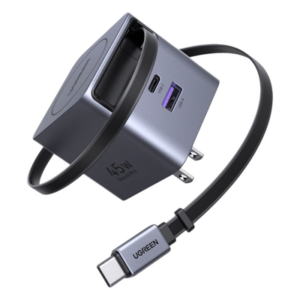 Cargador Rápido / 45W GaN / Cable Retráctil 0.7 m (2.3 ft) / 3 Puertos / Eficiencia 95% / Protección 8 Capas / 100-240V AC