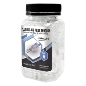 Bote de Plugs Pass Through RJ45 Cat6 / 100 Piezas / Sin Blindaje / Chapado Oro 30 Micras / Diseño Monopieza