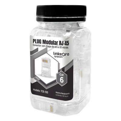 Plug Modular RJ45 / Cat6 / Sin Blindaje / 23AWG / Chapado Oro 30 Micras / 100 Piezas