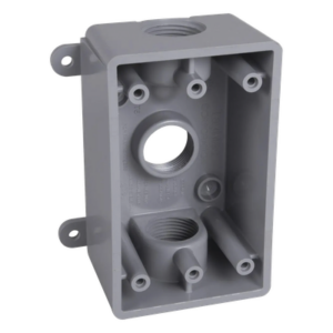 Caja Impermeable / 1 Gang / 3 Salidas Roscadas 1/2 - 3/4 in / Profundidad 2 in (5.08 cm) / 16.5 in³ / Gris