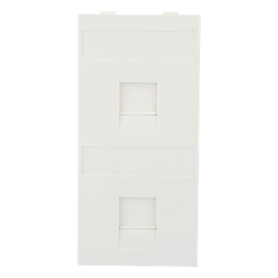 Placa Plana de Voz y Datos / Guardapolvo Integrado / 2 Puertos Keystone / Perfil 5 mm / 108 × 52 mm / 4.25 × 2.05 pulgadas / Color Blanco