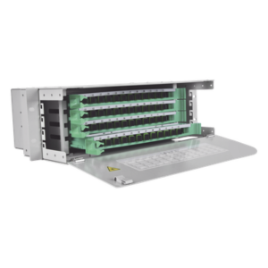 Distribuidor de Fibra Óptica / 48 Empalmes / 48 Acopladores SC/APC / 48 Pigtails 1.5 m / Rack 19' / 3 UR / 250 mm Profundidad