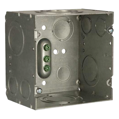 Caja de Conexión Cuadrada / Acero Soldado / 4.69 x 4.69 in / Profundidad 3-1/4 in (82.55 mm) / 66.7 in³ / Entradas 1/2" a 2" / UL Listed