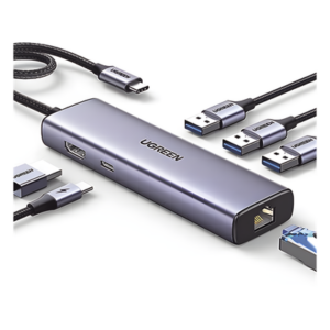 Hub USB-C 6 en 1 / 3 Puertos USB-A 3.0 (5 Gbps) / HDMI 4K@30Hz / PD 100W / Gigabit Ethernet / Aluminio