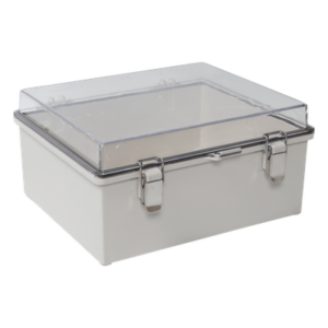 Gabinete Plástico ABS / Puerta Transparente Policarbonato / 300 x 300 x 180 mm (11.8 x 11.8 x 7.1 in) / Uso en Intemperie / Cierre por Broches Inoxidables / Compatible con Placa Interna