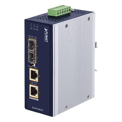 Convertidor de Medios Industrial / 2 SFP 100/1000X / 2 RJ45 10/100/1000T / PoE++ 802.3bt / 95W por puerto / -40 a 75 °C / IP30 / 12-56V CC