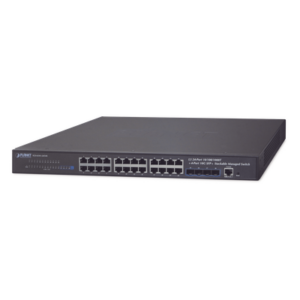 Switch Administrable Capa 3 / 24 Puertos Gigabit Ethernet / 4 Puertos 10G SFP+ / Apilable / 128 Gbps / 10 km Fibra