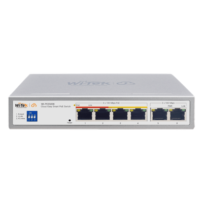 Switch PoE / 4 Puertos 10/100 Mbps PoE af/at / 2 Puertos Uplink 10/100 Mbps / Presupuesto 60 W / Alcance PoE 250 m (820.2 ft) / ONVIF