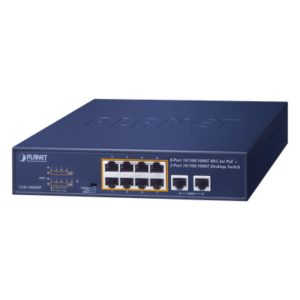 Switch PoE+ / 8 Puertos Gigabit 802.3at / 2 Puertos Uplink / Presupuesto PoE 120 W / Alcance Extendido 250 m (820.2 ft) / Rackeable 1U