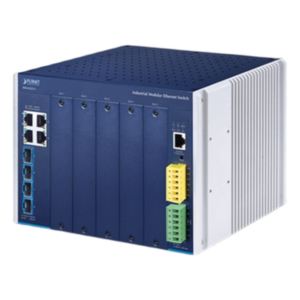 Switch Modular Industrial Capa 3 / 5 Slots / 4 Puertos Gigabit RJ45 / 4 Puertos SFP+ 10G / Rango -40~75°C / Entrada 12-48V / IPv6/IPv4