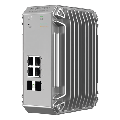 Switch Industrial PoE / 4 Puertos Gigabit 802.3af/at / 2 Puertos SFP / Administrable Cloud / Grado Industrial / Protección contra Descargas