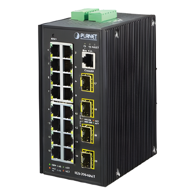 Switch Administrable Industrial / 16 Puertos Gigabit RJ45 / 4 SFP / -40°C a 75°C / IP30 / Fuente Redundante 12-48V DC