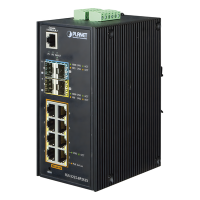 Switch Industrial Administrable / 8 Puertos Gigabit PoE+ / 2 SFP 100/1000X / 2 SFP+ 10G / 306W PoE / -40°C a 75°C / DIN Rail y Pared
