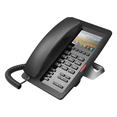 Teléfono IP Hotelero / Pantalla LCD Color 3.5" / 2 Líneas SIP / 6 Teclas Hotline / Puerto USB Carga / PoE 802.3af / Personalización Logo Hotel