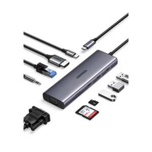 Hub USB-C / 10 en 1 / HDMI 4K@30Hz / VGA 1920x1200 / 3x USB 3.0 5Gbps / Ethernet Gigabit / SD/TF / PD 100W / Audio 3.5mm / Aluminio