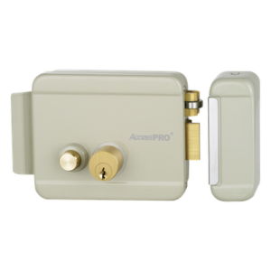 Cerradura Eléctrica con Botón de Salida / Doble Cerrojo / Exterior Derecha / 12 VCA 2.5A / Compacta 129 x 103 x 38 mm