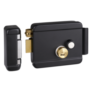 Cerradura Eléctrica con Botón de Salida / Doble Cerrojo / 12 VDC 2.5 A / Activación por Pulso 2 s / Exterior Izquierda / Cuerpo 129 x 103 x 38 mm