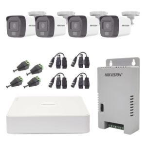 Kit de Videovigilancia TURBOHD / DVR 4 Canales Pentahíbrido / 4 Cámaras Bala 1080p / Audio por Coaxitron / Luz Dual 20 m (65.6 ft) Blanca + 30 m (98.4 ft) IR / IP67 / Fuente 12V/13.5V/15V Seleccionable