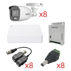 Kit TurboHD con Audio / DVR 8 Canales 1080p Lite / 8 Cámaras Bala 2.8 mm 105° / Audio Coaxitron / Luz Blanca 20 m (65.6 ft) / Fuente Regulada