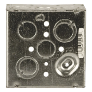 Caja Cuadrada Galvanizada / 4 x 4 in / Profundidad 2.125 in / Capacidad 30.3 in³ / 12 Knockouts / Resistente al Fuego