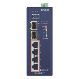 Switch PoE+ Industrial / 4 Puertos Gigabit PoE+ 802.3at / 2 SFP 1000X / IP40 / -40°C a 75°C / 130.6W / 12-56VDC