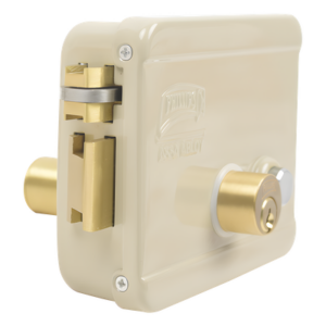 Cerradura Eléctrica / Doble Cerrojo / 12 VCC/VCA / Consumo 2 A/4 A / Botón Integrado / Izquierda / Exterior