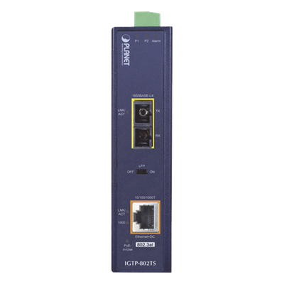 Convertidor de Medios Industrial PoE+ / 1000BASE-LX a 10/100/1000BASE-T / 802.3at / SC Monomodo / 20 km / -40 a 75 °C / IP30 DIN