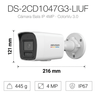 Cámara Bala IP / 4 Megapixel / Dual Light 30 m (98.4 ft) / ColorVu 3.0 / WDR 120 dB / IP67 / PoE