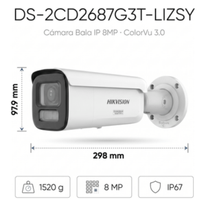 Bala IP 8 Megapixel / Lente Mot. 2.8 a 12 mm / 60 mts IR + Luz Blanca / Exterior IP67 / WDR 130 dB / ACUSENSE 3.0 / Metal / NEMA 4X / ACUSEEK