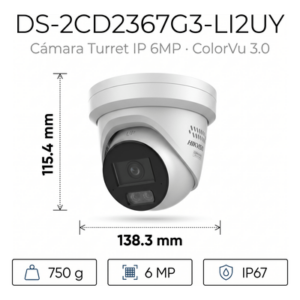 Turret IP / 6 MP / Lente 2.8 mm / IR 30 m + Luz Blanca 30 m / 98 pies / IP67 NEMA 4X / WDR 130 dB / AcuSense 3.0 / Metal