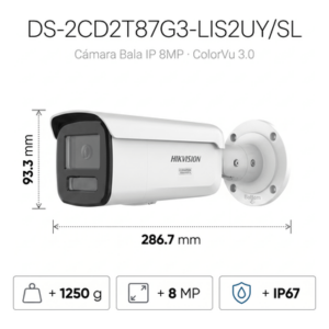 Bala IP / 8 Megapixel / Lente 4 mm / 60 mts IR + Luz Blanca / IP67 NEMA 4X / WDR 130 dB / ACUSENSE 3.0 / ACUSEEK / Audio 2 Vías / 196.85 pies Iluminación