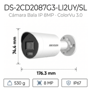 Bala IP / 8 Megapixel / Lente 2.8 mm / 40 m IR + Luz Blanca / 131 ft / Audio 2 Vías / IP67 NEMA 4X / WDR 130 dB / ColorVu 3.0 / AcuSense 3.0