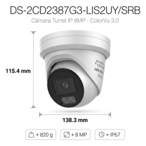 Turret IP / 8 MP / Lente 2.8 mm / 30 m IR + 98 ft Luz Blanca / Audio 2 Vías / IP67 NEMA 4X / WDR 130 dB / AcuSense 3.0