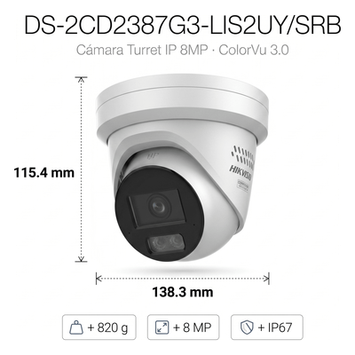 Turret IP / 8 MP / Lente 2.8 mm / 30 m IR + 98 ft Luz Blanca / Audio 2 Vías / IP67 NEMA 4X / WDR 130 dB / AcuSense 3.0