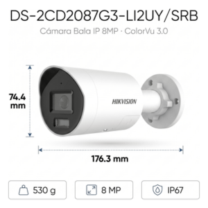 Cámara Bala IP / 8 Megapixel / Dual Light 40 m (131.2 ft) / ColorVu 3.0 / WDR 130 dB / IP67 / Estrobo Azul y Rojo / AcuSense 3.0