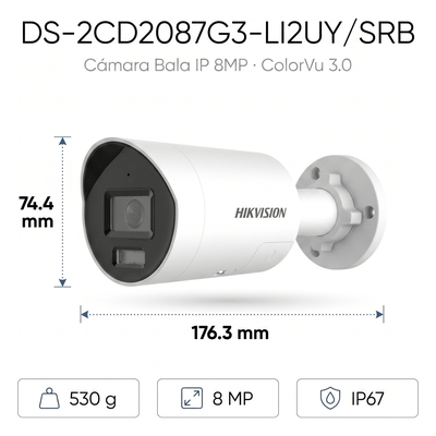 Cámara Bala IP / 8 Megapixel / Dual Light 40 m (131.2 ft) / ColorVu 3.0 / WDR 130 dB / IP67 / Estrobo Azul y Rojo / AcuSense 3.0