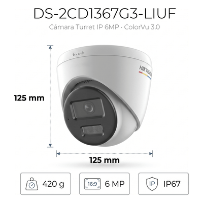 Cámara Turret IP / 6 Megapixel / Dual Light 30 m (98.4 ft) / ColorVu / AcuSense Lite / WDR 120 dB / IP67 / PoE