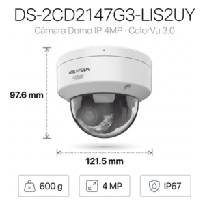 Domo IP / 4 Megapixel / Lente 2.8 mm / 30 m IR + Luz Blanca / IP67 NEMA 4X / WDR 130 dB / ColorVu 3.0 / AcuSense 3.0 / 98 pies Alcance