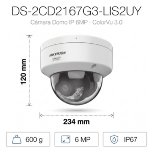 Cámara Domo IP / 6 Megapixel / ColorVu 3.0 / Dual Light 30 m (98.4 ft) / WDR 130 dB / AcuSense 3.0 / IP67 NEMA 4X