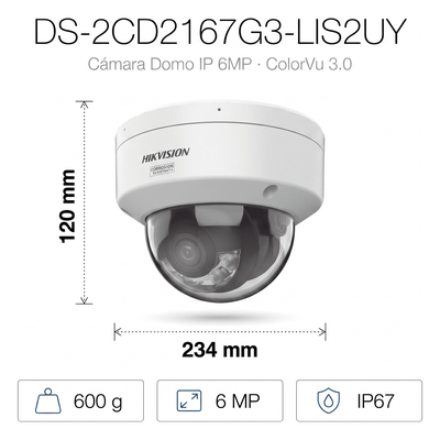 Cámara Domo IP / 6 Megapixel / ColorVu 3.0 / Dual Light 30 m (98.4 ft) / WDR 130 dB / AcuSense 3.0 / IP67 NEMA 4X